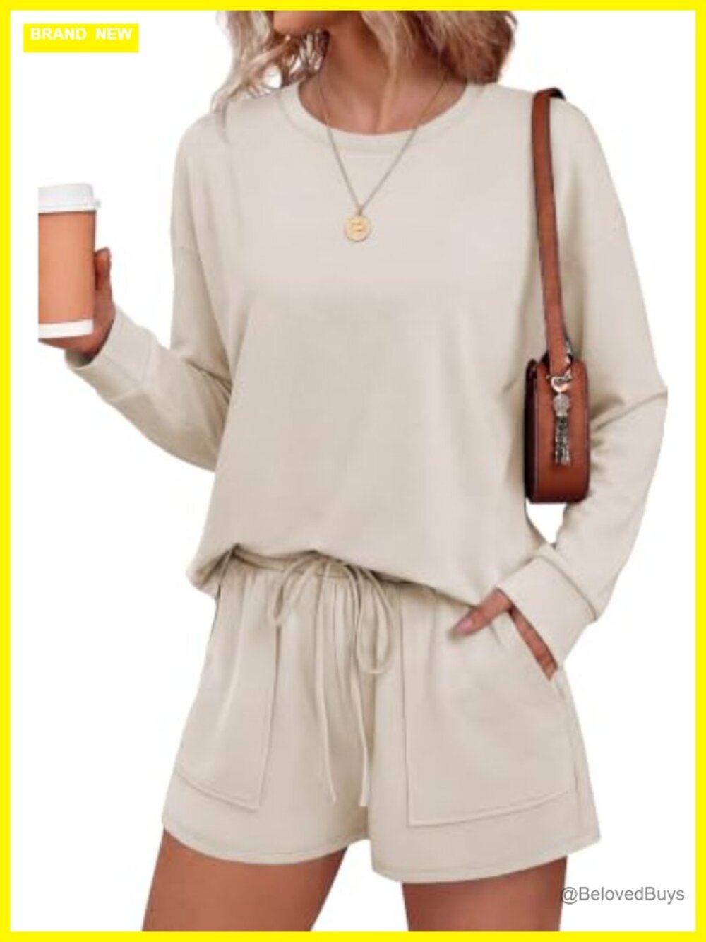 Ekouaer Women's Lounge Set Long Sleeve Top & Shorts Pajama Set Crew Neck Loose